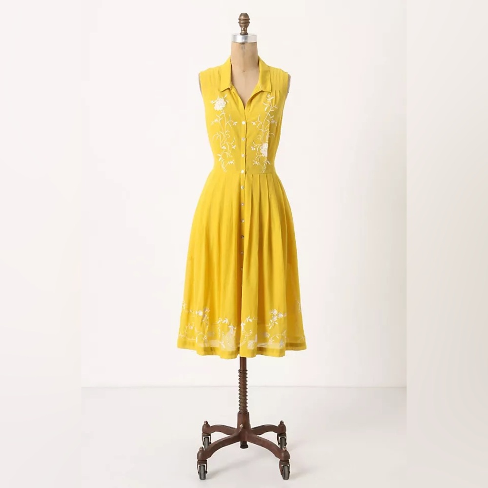 Moulinette Soeurs Anthropologie Spiraea Embroidered Shirt Dress In Yellow Size 4